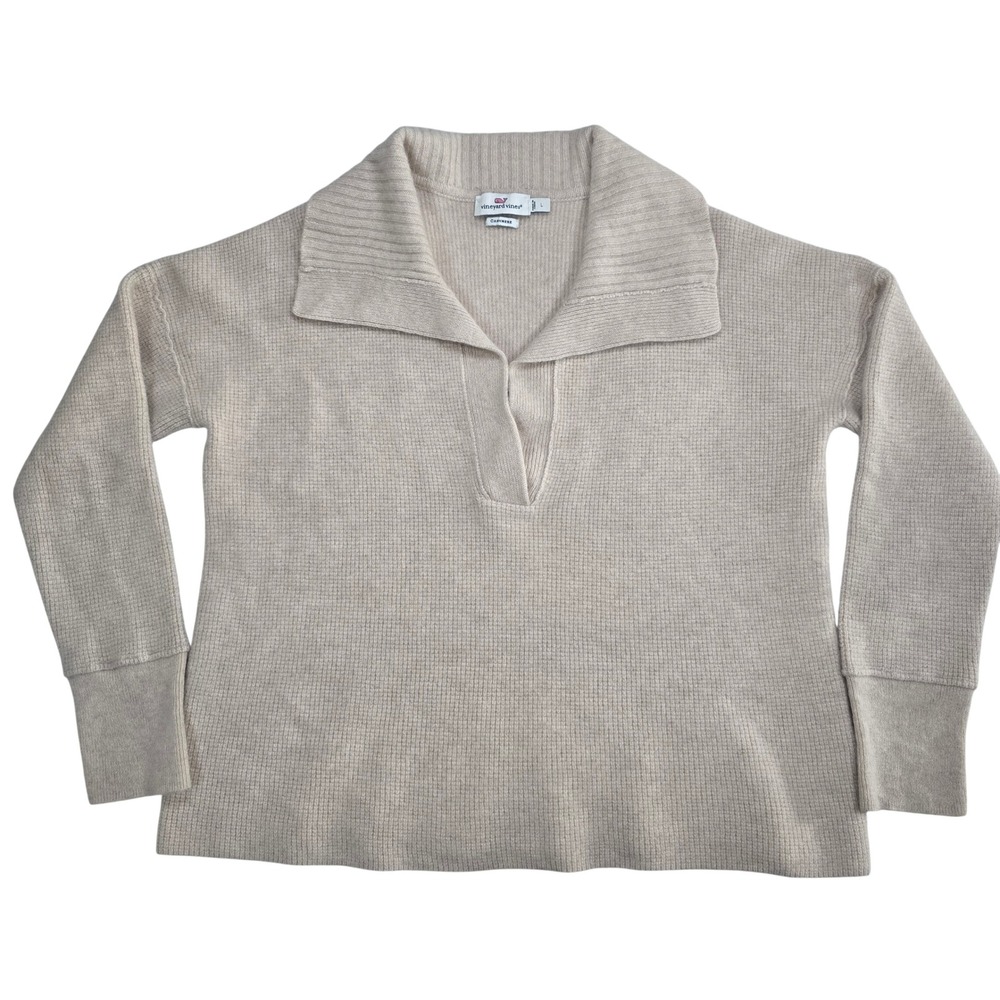 Vineyard Vines Womens Cashmere Boxy Waffle Knit Sweater Beige Tan Large READ